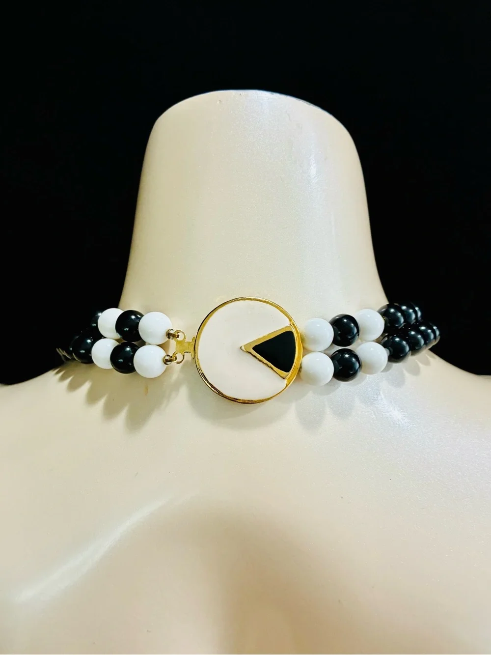 VTG 80s Black and White Beaded Layered Necklace with Gold Enamel Security Clasp